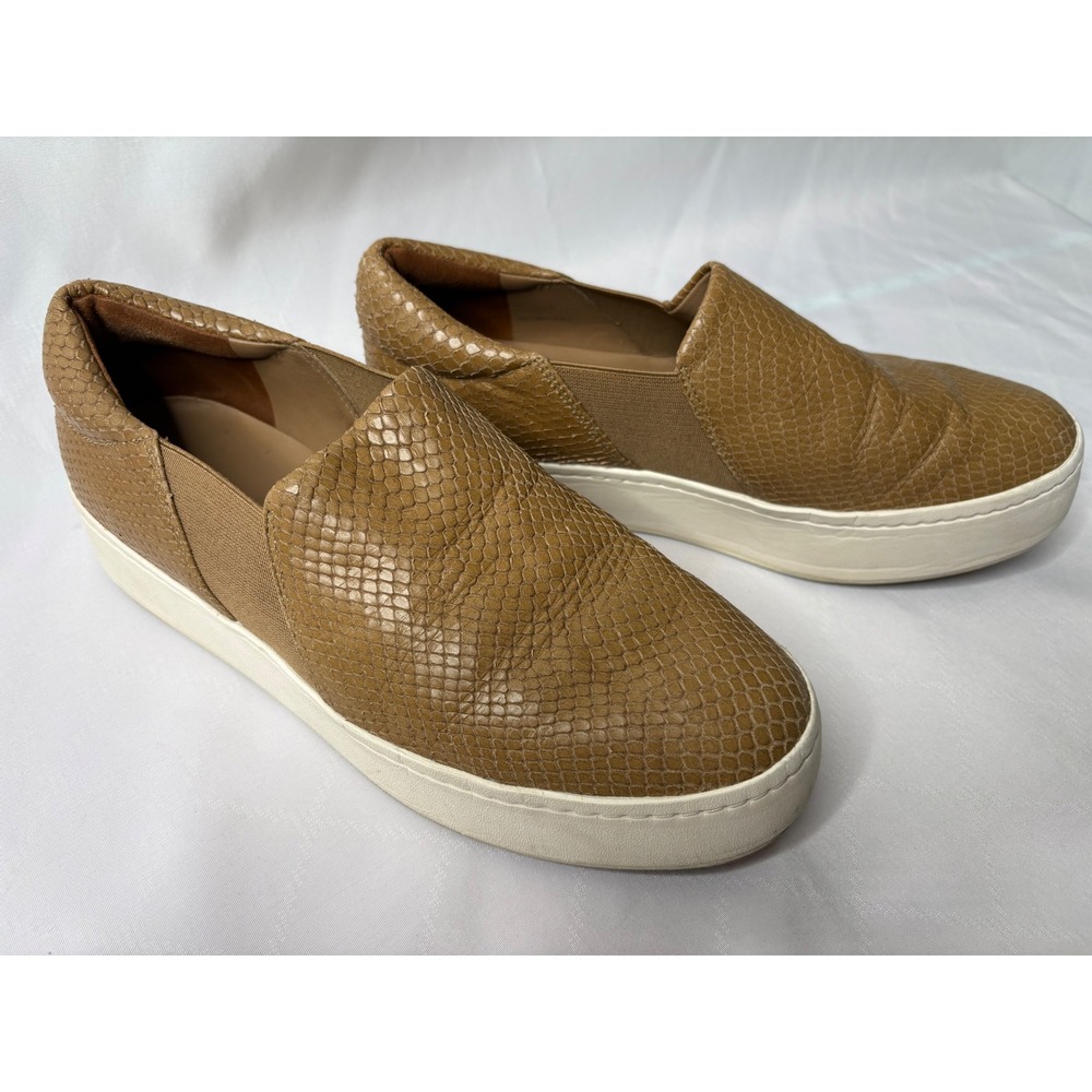 VINCE Womens Tan Snake Embossed Leather Warren Platform Slip On Sneakers Sz 7.5‎